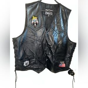 Vintage Black leather biker vest with American flag and eagle patches s50 #biker